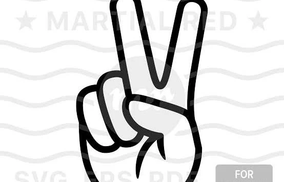 Black outlined peace-sign hand over a faint mailed-stamp pattern
